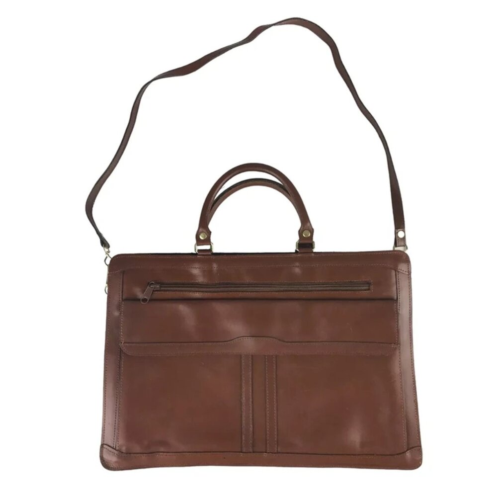 Unisex Brown Leather Pockets Dividers Detachable Strap Double Handles Bag‎